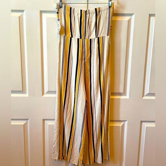 Blue Yellow & Cream Striped Strapless Jumpsuit by Gypsies & Moondust S-9 NWT - Picture 4 of 5